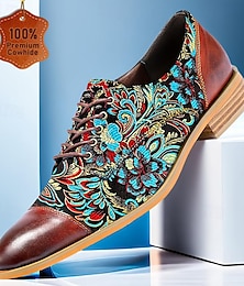 cheap -Men's Dress Shoes Red Brown Floral Embroidery  Leather Italian Full-Grain Cowhide Oxfords Slip Resistant Lace-up