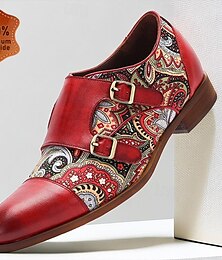 baratos -Sapatos monge masculinos vermelho paisley impressão brogue couro italiano de grão integral antiderrapante fivela de fita mágica