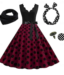 economico -Abito Rockabilly A-Line per Donne con Pois Abito Swing Abito Flare con Set di Accessori Abiti Grease anni '50 Retro Vintage anni '60 con Fascia per Capelli Sciarpa Orecchini per Abito da Festa