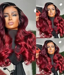 cheap -Unprocessed Virgin Hair 13x4 Lace Front Wig Free Part Brazilian Hair Wavy Burgundy Wig 130% 150% Density Ombre Hair 100% Virgin Pre-Plucked For Women Long Human Hair Lace Wig