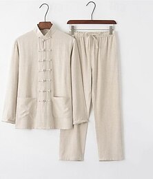 cheap -Men's Matching Sets Black Shirt Linen Shirt Summer Shirt Linen Pants Trousers Sets Long Sleeve Stand Collar Daily Vacation Plain Pocket 2 Piece 75% Cotton Spring &  Fall
