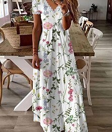olcso -Női hétköznapi ruha Virágos Csipke Kollázs V-alakú Hosszú ruha Maxi ruha Stílusos Napi Randi Rövid ujjú Nyár