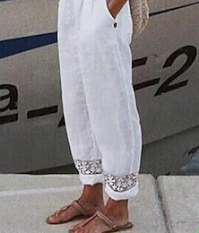 preiswerte -Damen Hosen Hose Leinen Baumwoll Mischung Seitentaschen Ausgeschnitten In voller Länge Weiß Sommer
