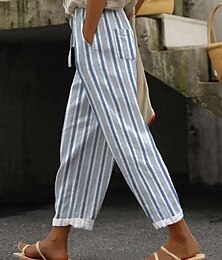 economico -Per donna Pantaloncini in cotone e lino Pantaloni ispirati al lino Pantaloni in cotone e lino Casual Quotidiano Lungo A righe Coulisse Tasche Laterali Traspirabilità Confortevole Inelastico Weekend