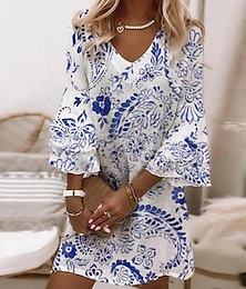 ieftine -Pentru femei Rochie Mini Rochie casual Rochie de vară Rochie Boho Stilat Casual Vacanță Zilnic Fit regulat Floral Lungime Manșon 3/4 În V Galben Roz Îmbujorat Albastru piscină Albastru Deschis Vară