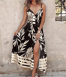preiswerte -Damen Cami-Kleid Tropisch Bedruckt V Ausschnitt Maxidress Ärmellos Sommer