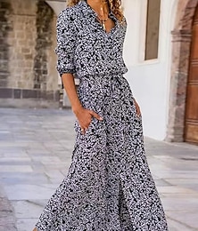 Χαμηλού Κόστους -Γυναικεία Φόρεμα πουκαμίσα Φλοράλ Τσέπη Στάμπα Κολάρο Πουκαμίσου Μακρύ Φόρεμα Μάξι Φόρεμα Βοημία Καθημερινά Διακοπές Μακρυμάνικο Καλοκαίρι