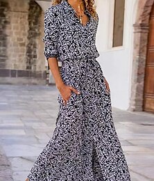 Χαμηλού Κόστους -Γυναικεία Φόρεμα πουκαμίσα Φλοράλ Τσέπη Στάμπα Κολάρο Πουκαμίσου Μακρύ Φόρεμα Μάξι Φόρεμα Βοημία Καθημερινά Διακοπές Μακρυμάνικο Καλοκαίρι