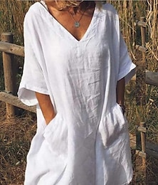 baratos -Mulheres Vestido branco Vestido de linho Camisetão Vestido midi Bolsos Básico Diário Decote V Meia Manga Verão Primavera Preto Branco Tecido