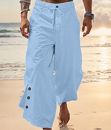 cheap -Men's Linen Pants Trousers Summer Pants Button Front Pocket Pleats Plain Comfort Breathable Full Length Casual Daily Holiday Fashion Basic White Blue