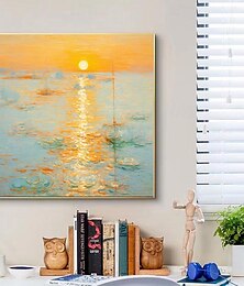 preiswerte -Monet impressionistische Landschaft Sonnenaufgang auf dem Meer handgemaltes Ölgemälde Creme Stil Wohnzimmer Dekoration Bild Eingang quadratische Hängebilder (ohne Rahmen)
