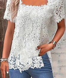 Χαμηλού Κόστους -Γυναικεία Δαντελένιο πουκάμισο Δαντέλα αντίθεσης Λευκό Κοντομάνικο Κομψό Στυλάτο Τετράγωνη Λαιμόκοψη Καλοκαίρι
