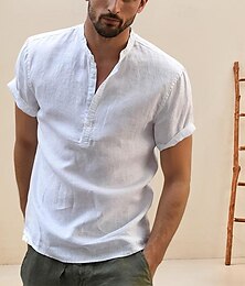 preiswerte -Herren Hemd leinenhemd Popover-Shirt Lässiges Hemd Baumwoll-Shirt Weiß Marineblau Khaki Kurzarm Glatt Stehkragen Sommer Strasse Hawaiianisch Bekleidung