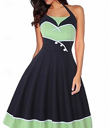 cheap -Women's Pleated Patchwork Vintage Dress Midi Dress Elegant Polka Dot Halter Neck Sleeveless Date Black Light Green