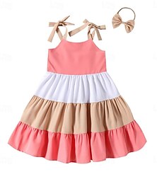 cheap -Kids Girls' Dress Color Block Sleeveless Party Outdoor Casual Fashion Daily Casual Cotton Blend Summer Spring 2-12 Years Pink