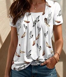 お買い得  -女性用 Tシャツ フェザー 日常 プリント ホワイト 半袖 ファッション Ｖネック 夏