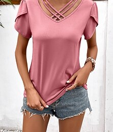 economico -Per donna Tunica Top Eleganti Semplice Moda Manica Corta Scollo a V Top Regolari Vacanza Quotidiano Pizzo Rosa Fucsia Cachi Estate