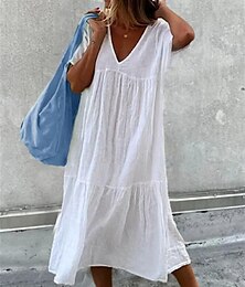 economico -Per donna Vestito bianco Abito in lino Abito in cotone bianco Vestito longuette Increspato Informale Giornaliero Da mare A V Manica corta Estate Primavera Nero Bianco Liscio
