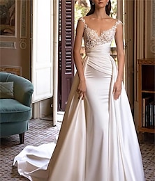 olcso -Esküvői ruhák Báli ruha Aszimmetrikus V-alakú Ujjatlan Kápolnauszály Szatén Menyasszonyi ruhák Val vel Rakott Ráncolt 2024