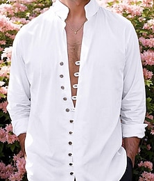 cheap -Men's Linen Shirt Shirt Button Up Shirt Casual Shirt Summer Shirt Black White Pink Long Sleeve Plain Band Collar Summer Spring & Fall Daily Vacation Clothing Apparel