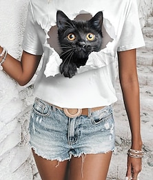 お買い得  -女性用 Tシャツ 動物 日常 週末 プリント ホワイト 半袖 ファッション ラウンドネック 3D cat 夏