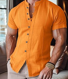 رخيصةأون -رجالي قميص قميص كتان قميص Guayabera قميص صيفي قميص الشاطئ قميص هاواي أبيض أزرق برتقالي كم قصير لون الصلبة الفرقة الياقة للربيع والصيف شارع مناسب للبس اليومي ملابس مكشكش