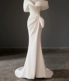 preiswerte -Strand Offene Rückseite Einfache Hochzeitskleider Strandhochzeit Sheath  Säule Scoop-Hals Ärmellos Sweep  Pinsel Zug Stretchstoff Brautkleider Mit Einfarbig Sommer Hochzeitsfeier