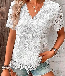 economico -camicetta in pizzo da donna scollo a V floreale manica corta bianca elegante romantica semitrasparente traspirante top primavera estate casual evento moda abbigliamento abbigliamento