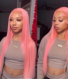 cheap -Pink Lace Front Wig Human Hair For Women 13x4 Hd Lace Frontal Wig Brazilian  Colored Straight Lace Front Wigs