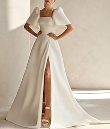 olcso -Esküvői ruhák A-vonalú Szögletes Rövid ujjú Kápolnauszály Szatén Menyasszonyi ruhák Val vel Egyszínű 2024