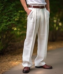 ieftine -Bărbați Pantaloni de in Pantaloni Pantaloni de vară Buzunar frontal Pliuri Picior drept Simplu Confort Respirabil Casual Zilnic Concediu Modă De Bază Negru Alb