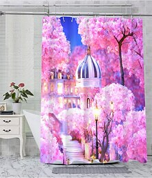billiga -romantiska rosa blommor duschdraperi med krokar för badrum ladadörr badrumsinredningsset polyester vattentät 12-pack plastkrokar