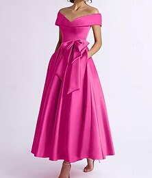 billige -A-linje Cocktail Kjoler Elegant Kjole Bryllupsgjest Kentucky Te Lengde Kort Erme Av Utringning Lomme Sateng med Sløyfe(r) Kjoler