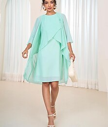 זול -בגדי ריקוד נשים שמלה באורך הברך שמלת שכבות כיסוי אלגנטית רשמי אורחת חתונה מסיבת קוקטייל רגיל שרוול ארוך צווארון עגול קצר ורוד מסמיק תלתן קיץ