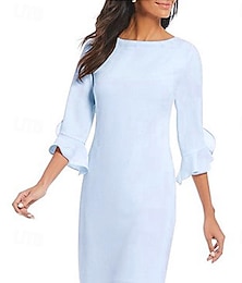 ieftine -Rochii Cocktail Tip Sheath Rochie Minimalistă Petrecere Cocktail Lungime pe Genunchi Mâneci 3/4 Gât cu Bijuterii Invitat Nuntă de Toamnă Chiffon cu Volane Rochii