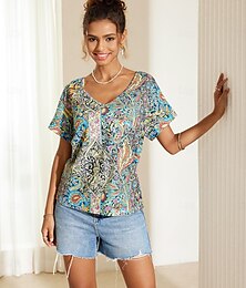 billige -Dame T-shirt Paisley Daglig Weekend Trykt mønster Gul Kortærmet Mode V-hals Sommer