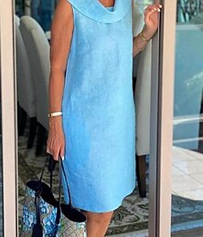 abordables -Femmes Noir Jaune Bleu Roi Été Printemps Robe Longueur Genou Robes inspirées du lin Robe noire Robe Décontractée Basique Moderne Quotidien Week-end Coupe Ample Uni Col ras du cou