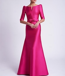 cheap -A-Line Evening Gown Elegant Dress Wedding Guest Floor Length 3/4 Length Sleeve V Neck Satin with Bow(s) 2024