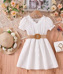cheap -Kids Girls' Dress Solid Color Short Sleeve Party Outdoor Casual Fashion Daily Polyester Summer Spring 2-13 Years White