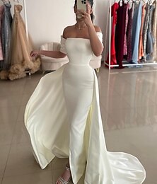 cheap -Sheath / Column Evening Gown Elegant Dress Formal Prom Sweep / Brush Train Sleeveless Off Shoulder Satin Backless with Slit 2024