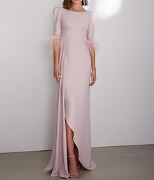 お買い得  -コラムイブニングドレス エレガントなピンクのウェディングゲストドレス フォーマル フロアレングス 3/4 丈スリーブ ジュエルネック ストレッチクレープ フェザー付き 2024