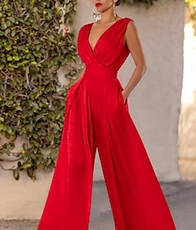 abordables -Mujer Normal Mono Elegante Color sólido Sin Mangas Sin Mangas Perneras anchas Escote en Pico Bolsillo Trabajo Delgado Rojo Verano