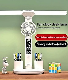 abordables -180 rotatif double tête LED lampe de bureau multifonction lampe de table avec calendrier ventilateur porte-stylo thermomètre usb veilleuse pour bureaux lecture