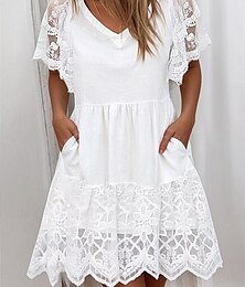economico -vestito estivo da donna scollo a V manica corta dettagli in pizzo vita alta gonna svasata casual elegante festa cotone bianco vestibilità comoda taglie forti