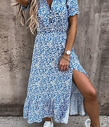 abordables -Femme robe longue Robe casual Robe Trapèze Robe d'été mode Décontractées Vacances du quotidien Rendez-vous Standard Floral Manche Courte Col V Rose Claire Rouge Bleu Violet Eté