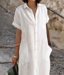 economico -Per donna Mini Abito Abito Bianco Abiti in cotone e lino Abito Camicia Essenziale Casual Formale All'aperto Vacanza Vestibilità comoda Colore Puro Manica Corta Colletto a Camicia Nero Bianco Estate