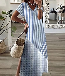 cheap -Women's Casual Dress Stripe Patchwork Print V Neck Midi Dress Elegant Stylish Date Vacation Summer Fall