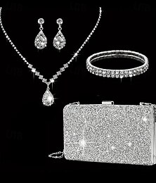abordables -Ensemble de bijoux et pochette en strass pour femmes pour mariages et soirées, collier étincelant, boucles d'oreilles, bracelet et sac à main à paillettes