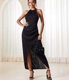 cheap -Women Midi Dress Sleeveless Split Halter Neck Party Elegant Split Thigh Black Dress
