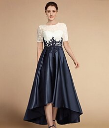 cheap -A-Line Mother of the Bride Dress Elegant High Low Tea Length Satin Lace Short Sleeve with Appliques Color Block 2024